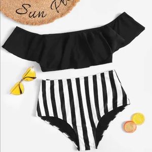 Flounce bathing suit top with striped bottom